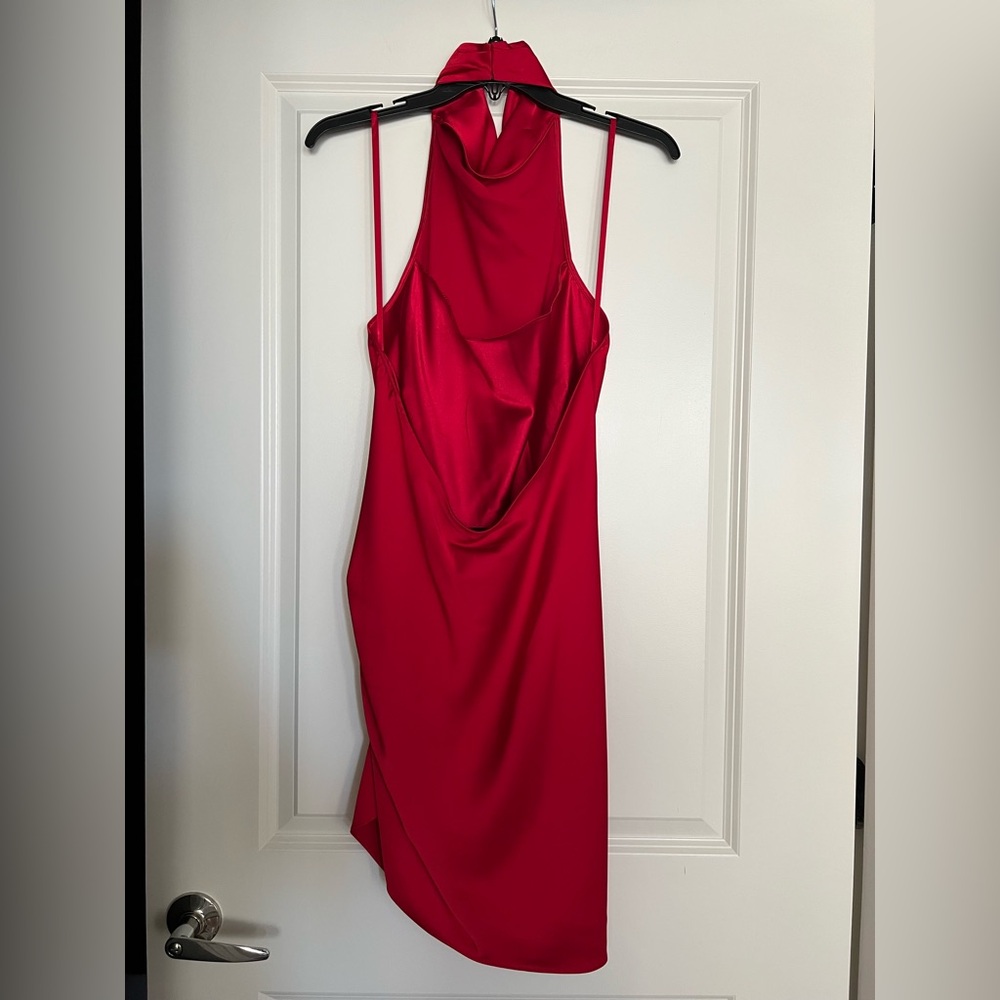 NWT Gianni Bini Peyton Ruched Satin Open Back Detail Asymmetrical Hem Dress - Picture 5 of 7